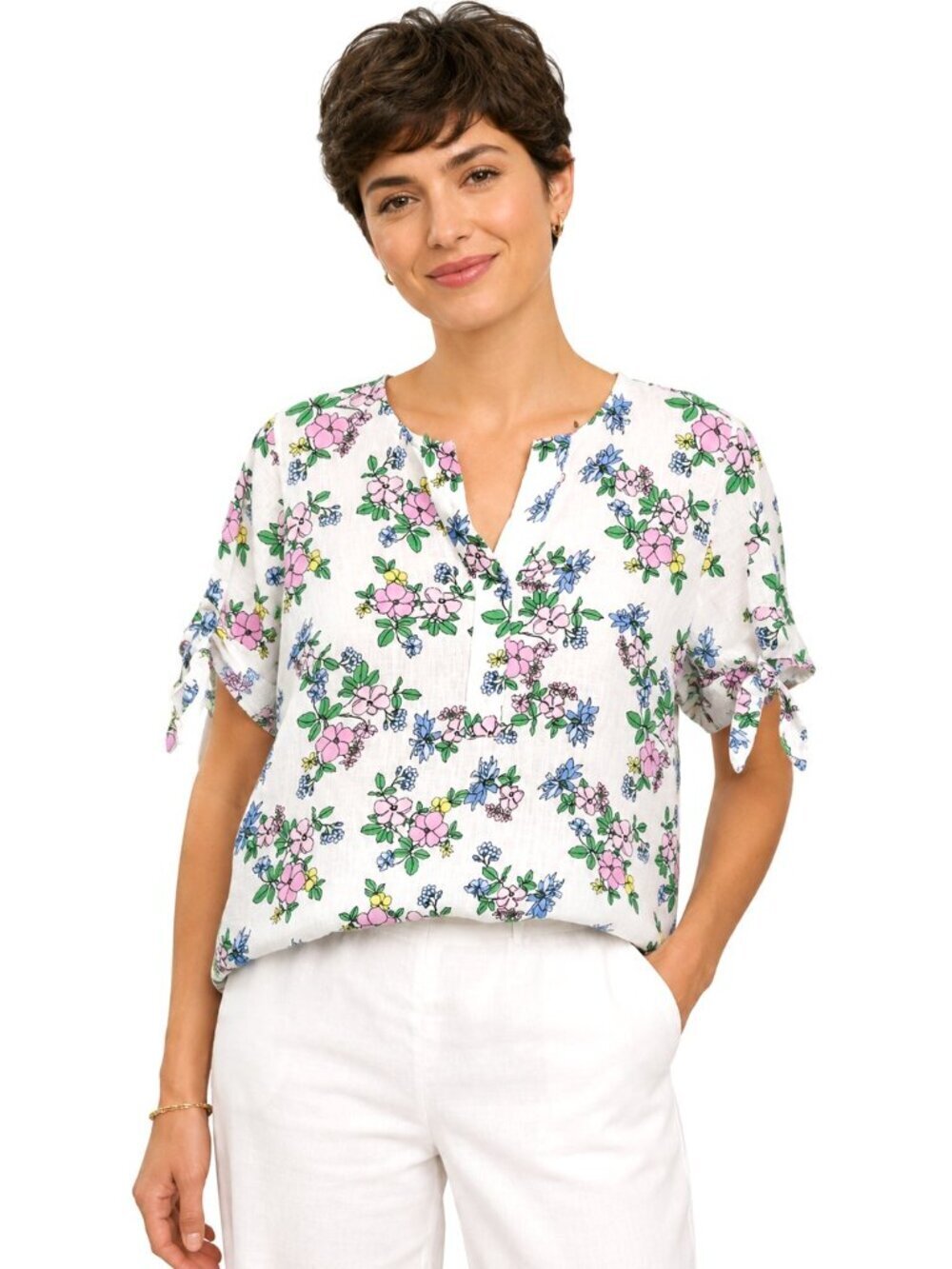 Charter Club Floral Linen Tie Sleeve Top